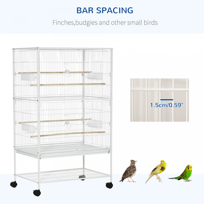 Pawhut 52\" Large Rolling Steel Bird Cage Bird House With Rolling Stand, Storage Shelf, Wood Perch, Food Container, White
