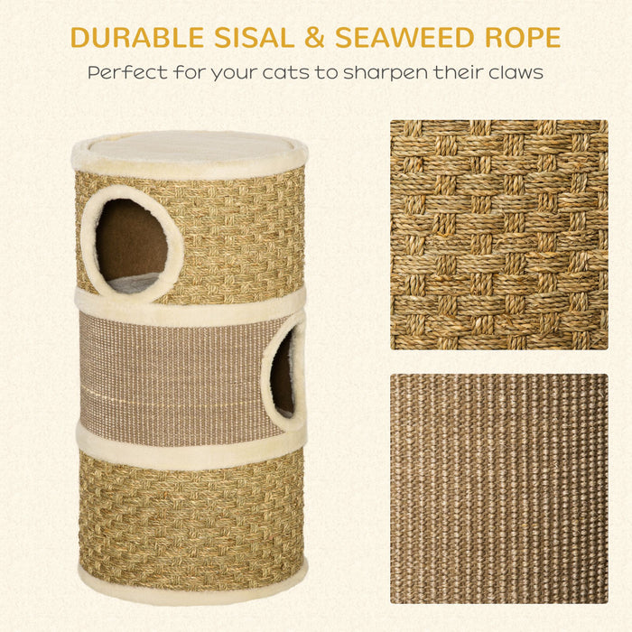Pawhut Cat Condo 3 Story Three Holes With Sisal Seaweed Scratching Cover Surface, Cat Tower For Indoor Cats, 15\" X 28\", Khaki And Brown