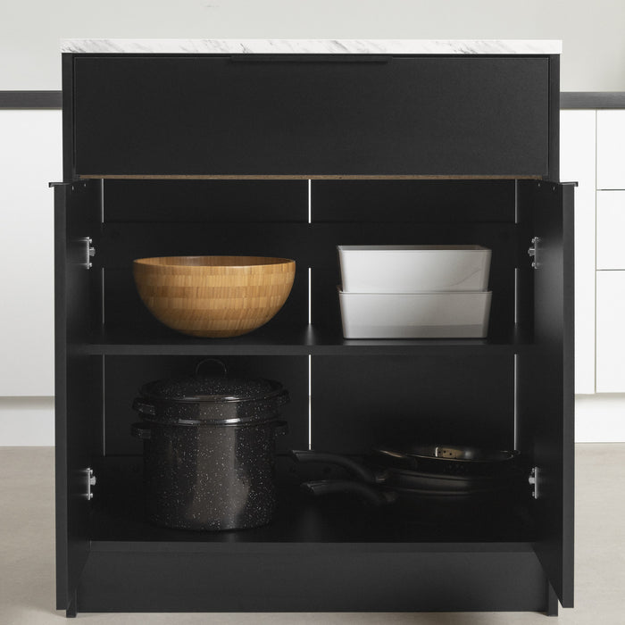 Olio Compact Kitchen Island with Storage - Matte Black & Faux White Marble