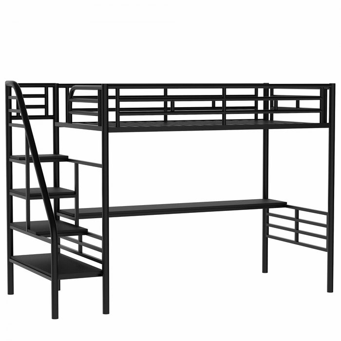 Cherry Twin Loft Space-saving Metal Bed With Desk, Led Light, Black