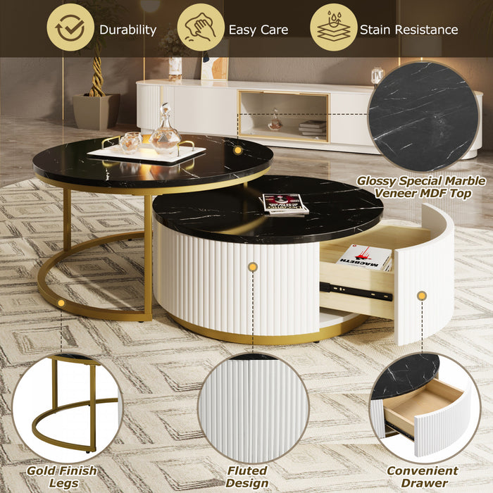 Sophia 27.6\" Modern Nesting Coffee Table With Storage Drawer, Black