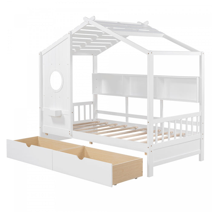 Jeames Wood House Bed with 2 Storage Drawers and Shelf,Twin Size - White