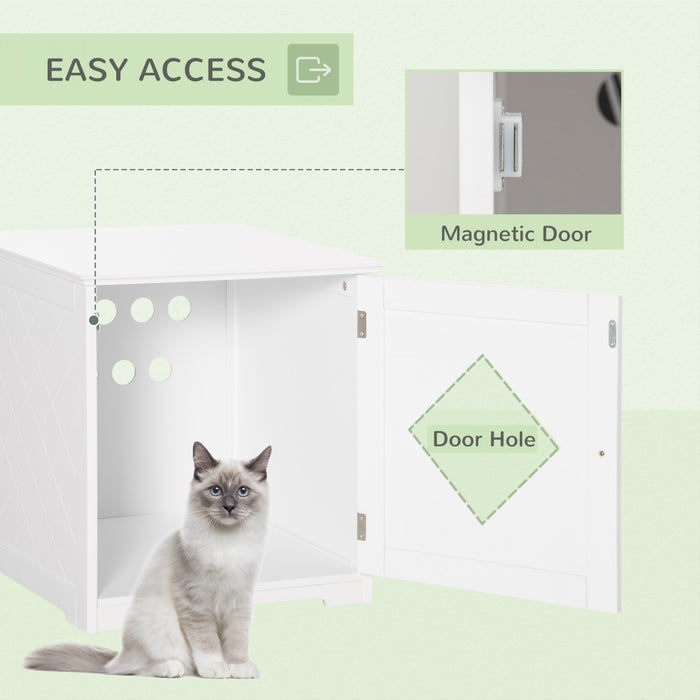 Pawhut Cat Litter Box Enclosure End Table, Indoor Cat Washroom With Magnetic Door, Hidden Litter Box Nightstand With Large Tabletop, Easy Assembly, White
