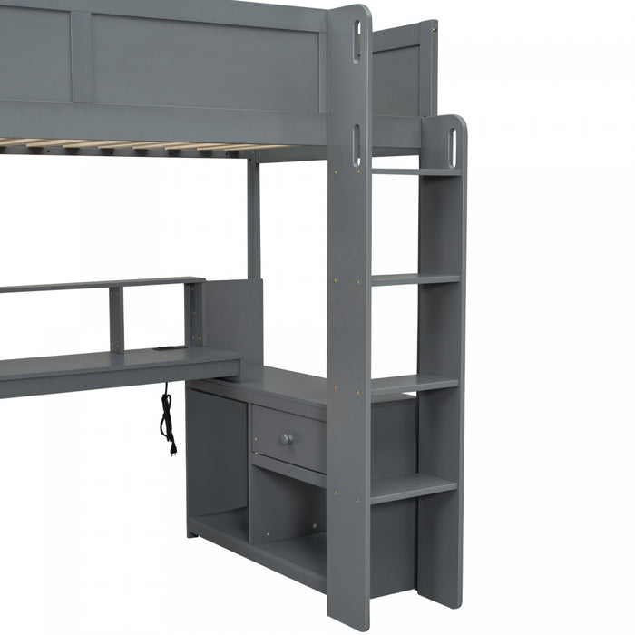Jackson Twin Solid Wood Loft Bed With Desk, Multi-storage Shelves, Led And Charging Station, Dark Grey