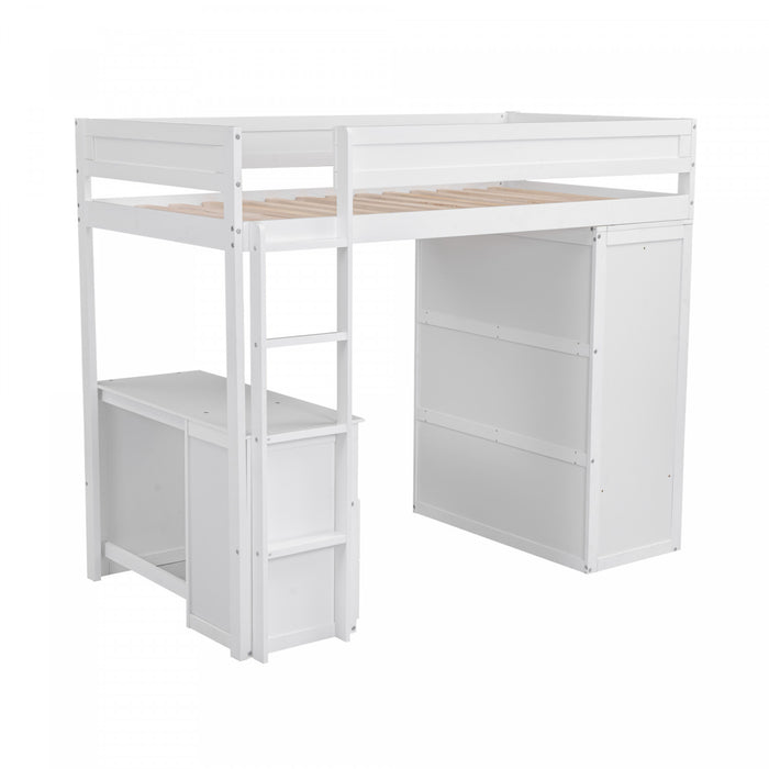 Jeffrey Solid Wood Loft Bed With Wardrobe, Desk And Drawers, Twin Size,white