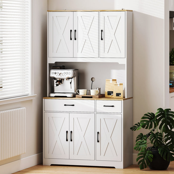 HOMCOM Kitchen Pantry, 6 Doors, 2 Drawers, Rustic Kitchen Cabinet White