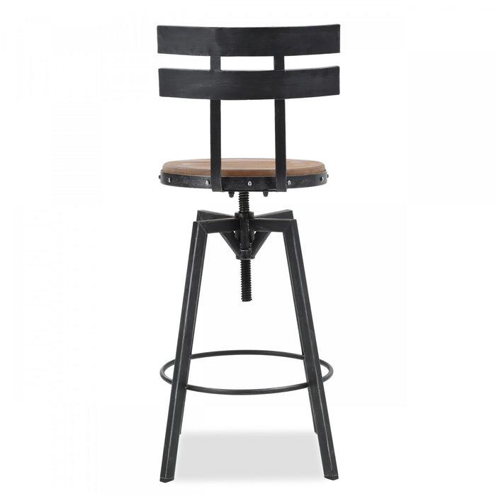 Denise Bar Stool With Swivel & Adjustable Wood Seat, Metal Frame - Antique Black