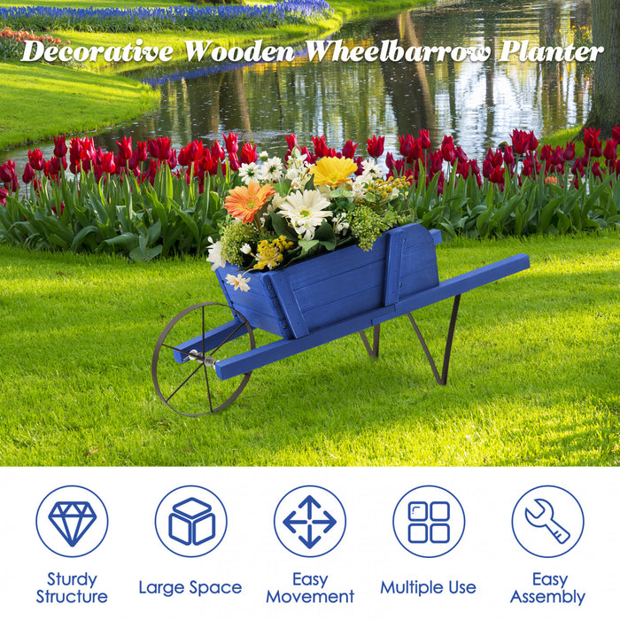 Costway Wooden Wagon Planter Decorative Indoor/outdoor Rustic Flower Cart With Wheel Blue