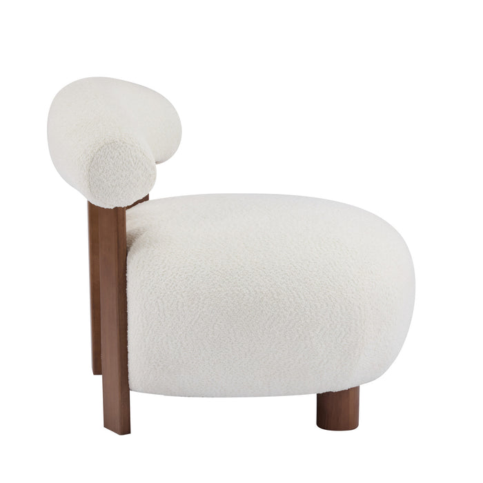 Nube Modern Boucle Accent Chair with Curved Backrest and Four-Leg Design, Off White, Walnut