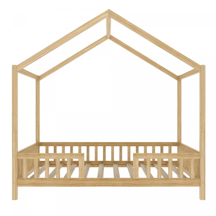 Paul Montessori Floor Bed with Canopy and High Railings,Twin Size，Natural Twin Bed