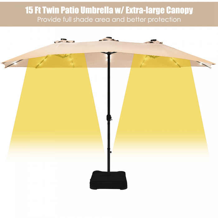 Costway 15Ft Patio Double-Sided Solar LED Market Umbrella Crank Base Beige