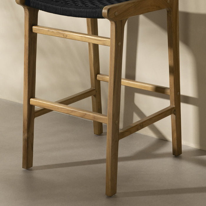 Agave Teak Wood & Woven Rope Bar Stool - Black & Natural