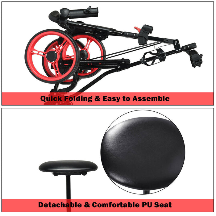 Costway Foldable 3 Wheel Push Pull Golf Club Cart Trolley W/seat Scoreboard Bag Red
