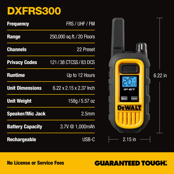 6 Dewalt DXFRS300 Work Site Walkie Talkies Plus Earpieces - 1 Watt, Heavy Duty, Long Range Indoor-Outdoor Two Way Radios + 22 Channel