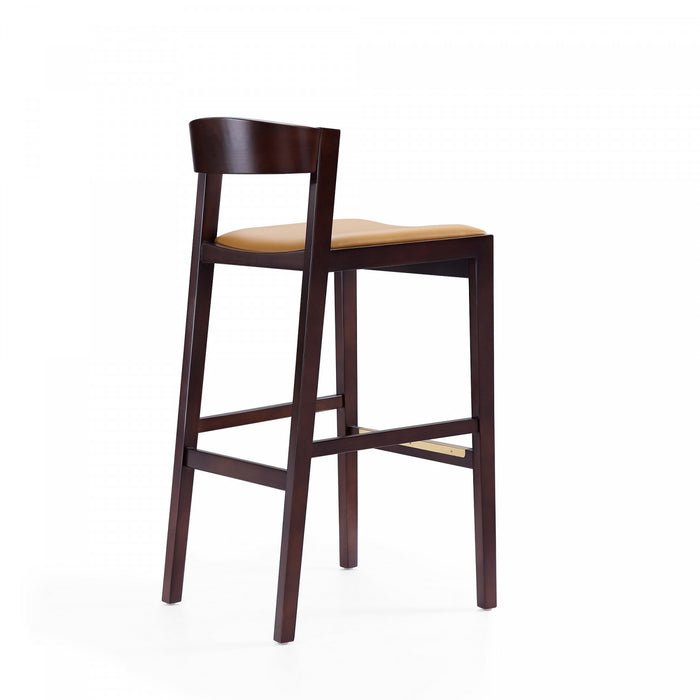 Klismos Mid-Century Modern Wood Upholstered Barstool in Camel - Set of 2