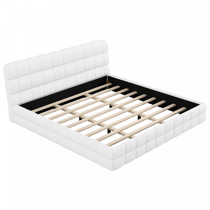 Emma Modern Upholstered Platform Bed with Comfortable Solid Wood,King Size,White King Bed