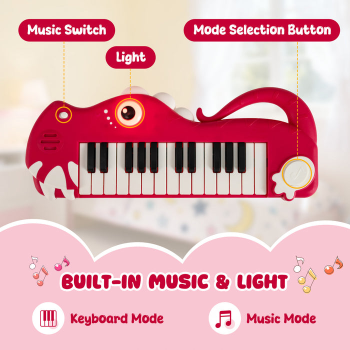 Costway 25-Key Kids Piano Keyboard Dinosaur Shape Toy Digital Piano with Built-in Music & Light Red
