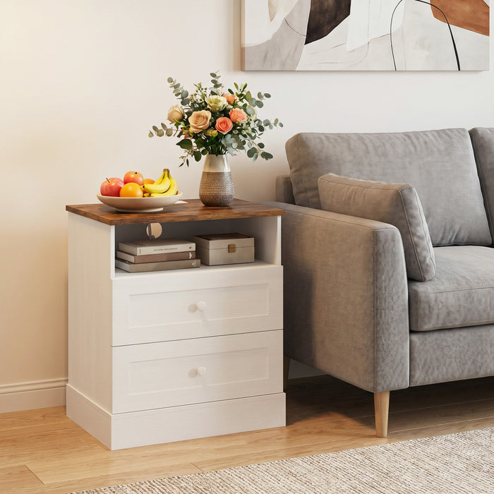 HOMCOM Nightstand with Charging Station Set of 2, White and Oak