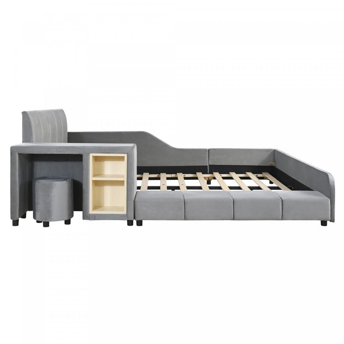 Lily Velvet Upholstered Grounded Bed with Desk and Stool,Queen Size,Grey Queen Bed