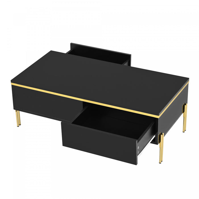 Lustra 39.4 Inch Modern High-Gloss Coffee Table with Dual Drawers and Gold Accents, Black