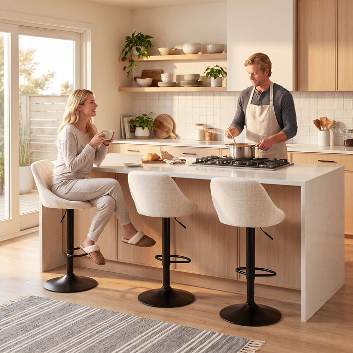 HOMCOM Bar Stools Set of 3 with Adjustable Linen-Look Bar Chairs, Off-White