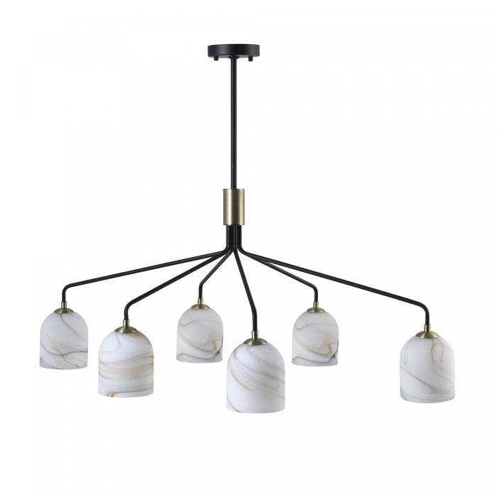 Crema 6 Light Chandelier, Black, Brushed Brass With Alabaster Style Glass