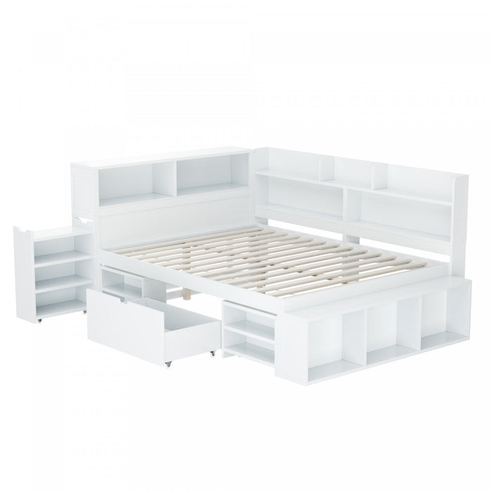 Ethan Multifunctional Daybed with Integrated Storage with Drawers and Bookcase,Full Size,White Full Bed