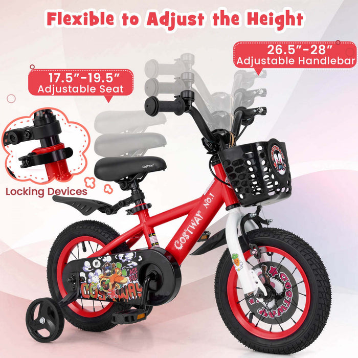 Costway 12\" Kid's Bike For 3-4 With Height-adjustable Handlebar & Saddle Handbrake Red