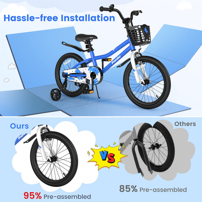 Costway 18\" Kid's Bike With Removable Training Wheels & Basket For 4-8 Years Old Blue