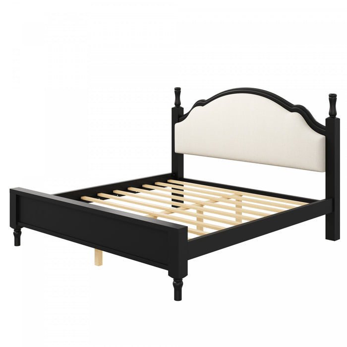 Miles Queen Size Wood Platform Bed with Curved Upholstered Headboard, Black