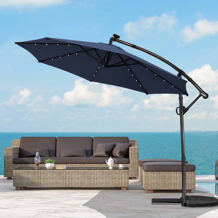 Costway 10FT Patio Offset Umbrella Solar Powered LED 360Degree Rotation Aluminum Navy