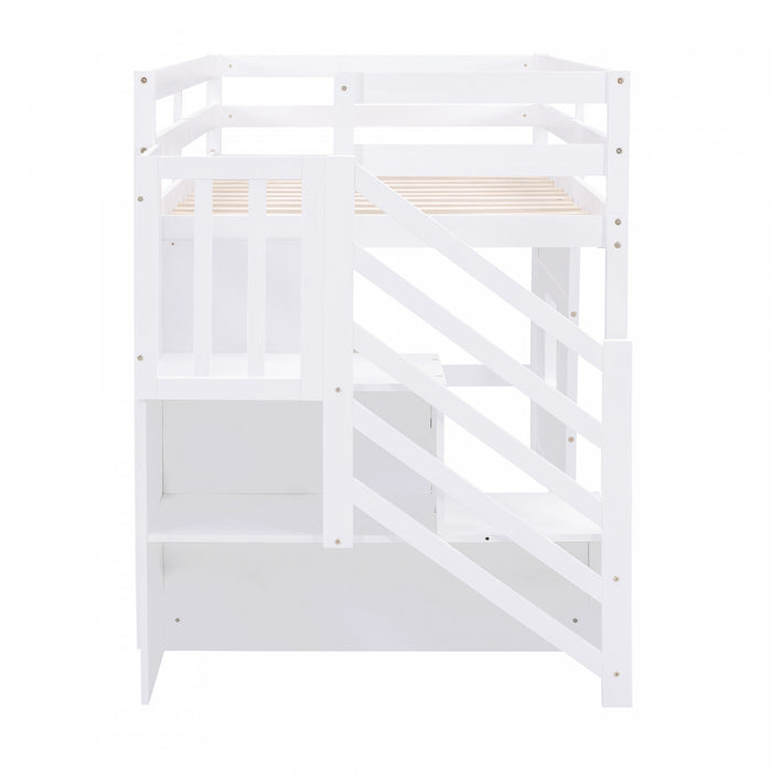 Martin Twin Solid Wood Loft Bed With Storage Stairs, Play Window, Led Light, White