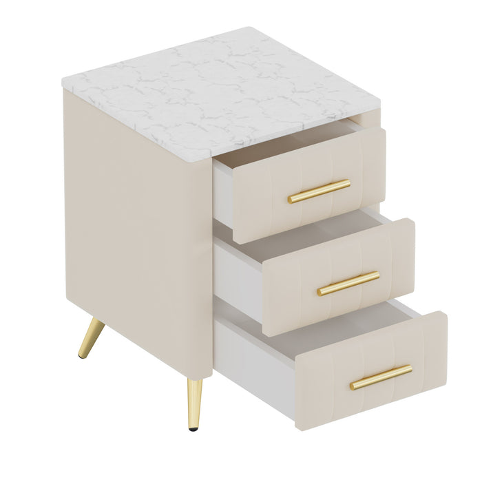 Dylan Upholstered Wooden Nightstand with 3 Drawers and Metal Legs,Beige