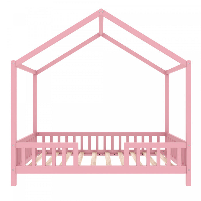 Paul Montessori Floor Bed with Canopy and High Railings,Twin Size，Pink Twin Bed