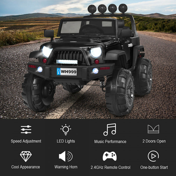 Costway 12v Kids Ride On Truck Rc Car W/ Led Lights Music Trunk Black