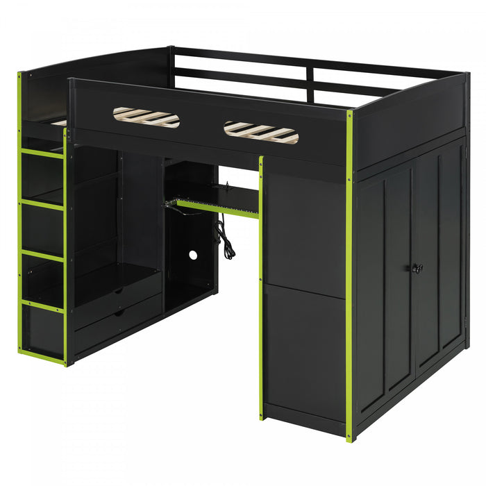 Jerry Wood Loft Bed with Desk and Storage,Full Size,Green Full Bed
