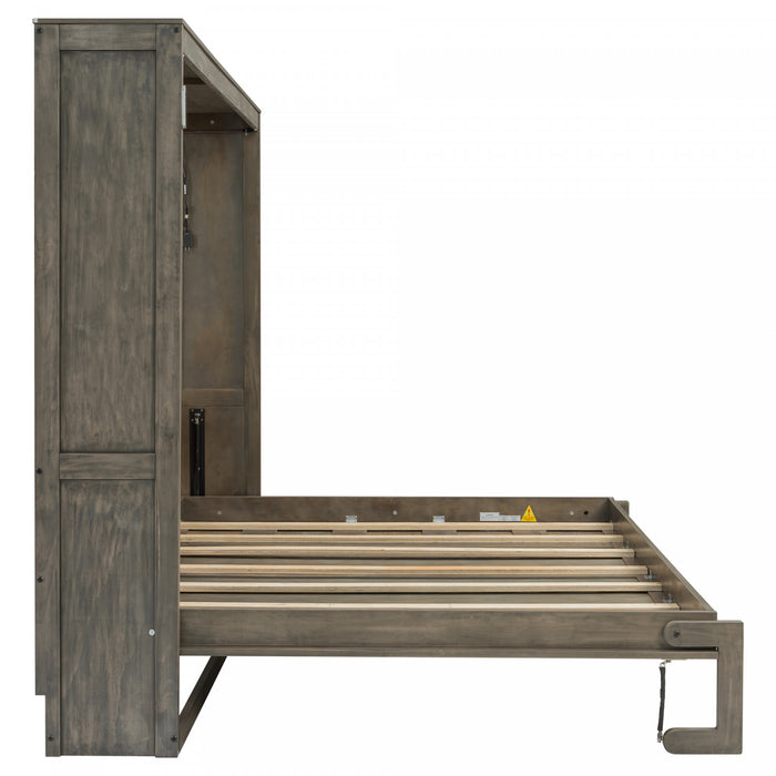 Olivia Solid Wood Murphy Bed with LED Light and Foldable Cabinet,Full Size,Brown Full Bed