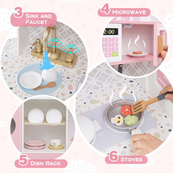 Honeyjoy Kids Kitchen Set Wooden Kitchen Playset With Clock, Microwave, Sink, Dish Rack Pink