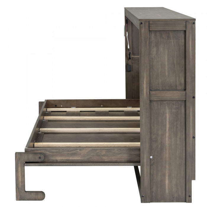 Olivia Solid Wood Murphy Bed with LED Light and Foldable Cabinet,Twin Size,Brown Twin Bed