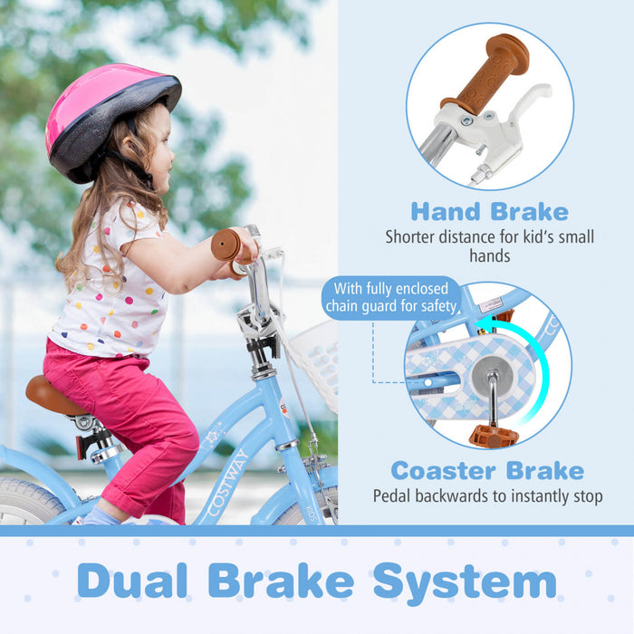 Costway 14\" Kid's Bike With Removable Training Wheels & Basket For 3-5 Years Old Blue