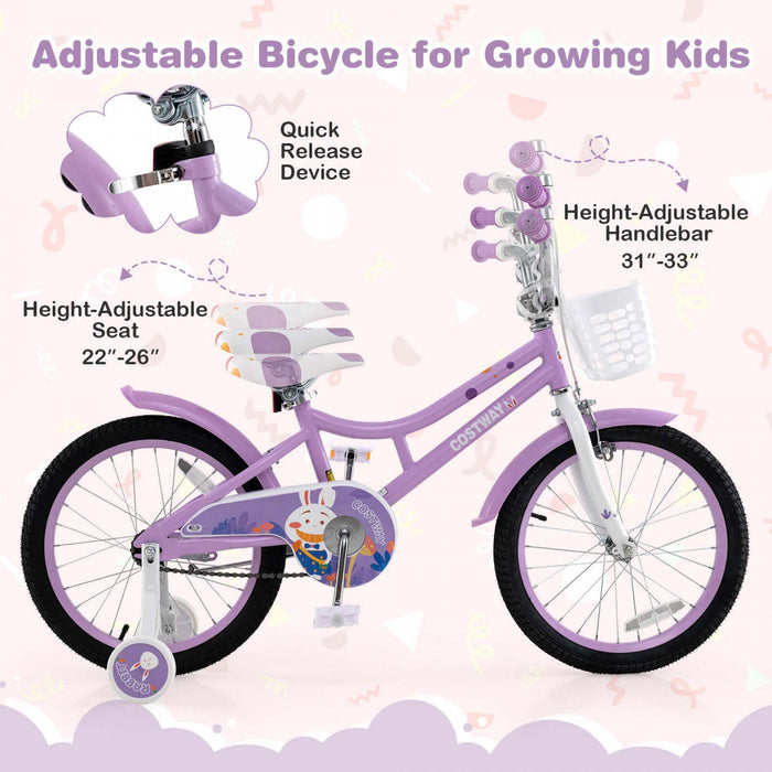 Costway 18\" Girl Bike With Basket Detachable Training Wheels Adjustable Seat Handbrake Coaster Brake Purple