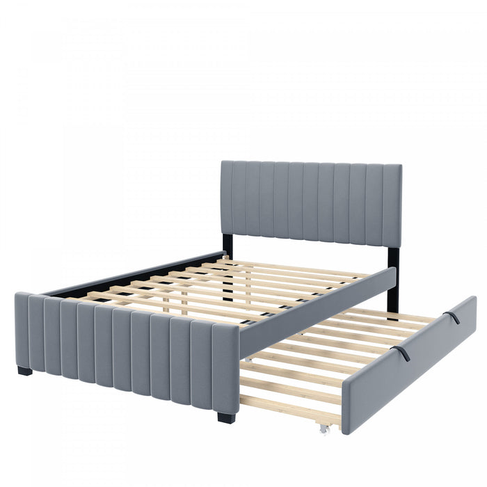Ethan Space-Saving Velvet Upholstered Platform Bed with Trundle,Full Size,Grey Full Bed