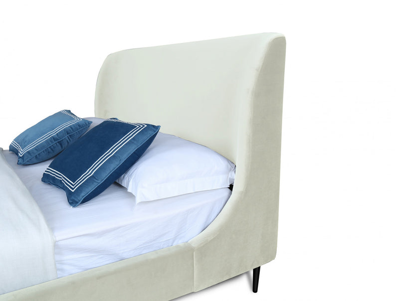Heather Mid-Century Modern Velvet Upholstered Queen Bed in Cream and Black