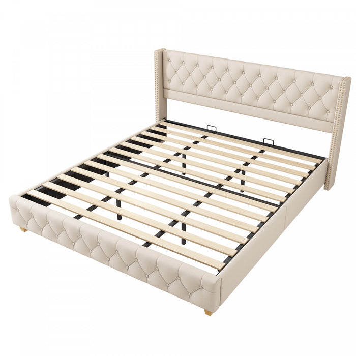 Haley Linen Upholstered Platform Bed with Classic Wingback Headboard and Diamond Tufted Upholstery,King Size,Beige King Bed