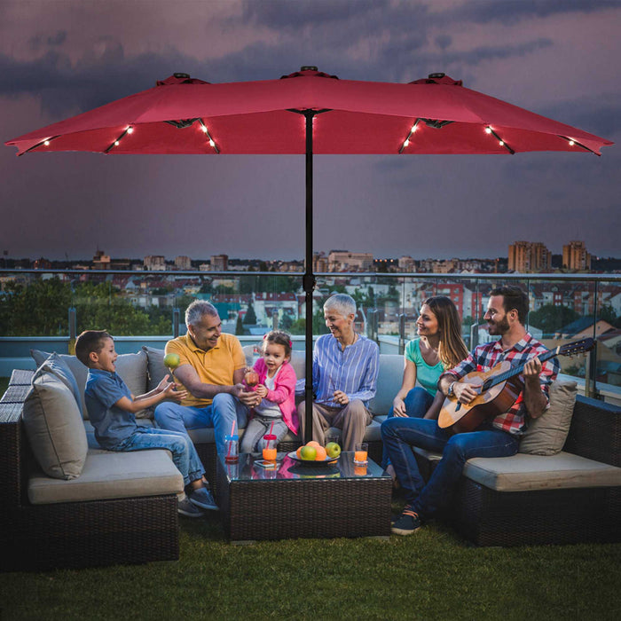 Costway 15Ft Patio Double-Sided Solar LED Market Umbrella Crank Base Burgundy