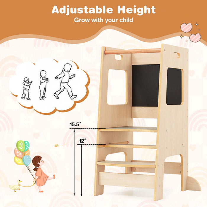 Costway Toddler Kitchen Step Stool With Activity Chalkboard Adjustable Height & Safety Rail Beige