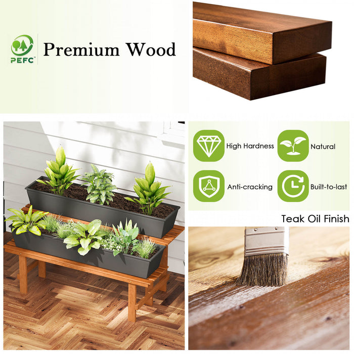 Costway 2 Tier Wood Plant Stand With Teak Oil Finish Indoor & Outdoor Flower Pot Holder
