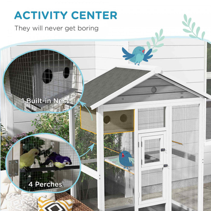 Pawhut 65\" Bird Cage Large Wooden Aviary For Canary With Standing Pole Nest Slide-out Tray, For Indoor Outdoor, Grey
