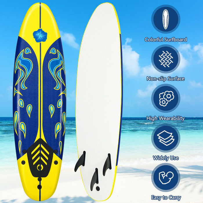 Costway 6' Surfboard Foamie Body Surfing Board W/3 Fins & Leash For Kids Adults Yellow