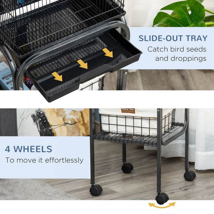 Pawhut 44.5\"h Metal Bird Cage Parrot Play Spot Stand W/ Wheel Storage Shelf Multi-doors Black